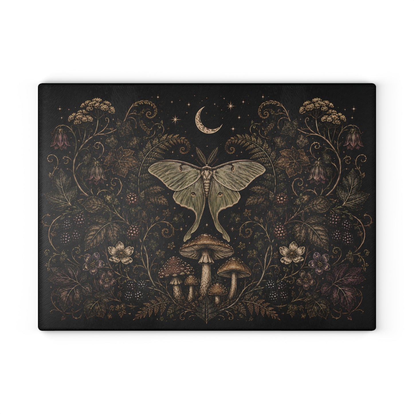 Mystic Moth & Moon Glass Cutting Board — Botanical Night Kitchen Decor
