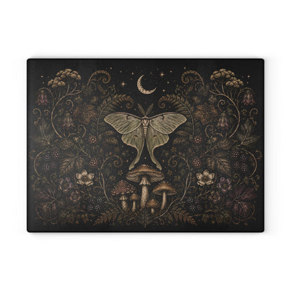 Mystic Moth & Moon Glass Cutting Board — Botanical Night Kitchen Decor