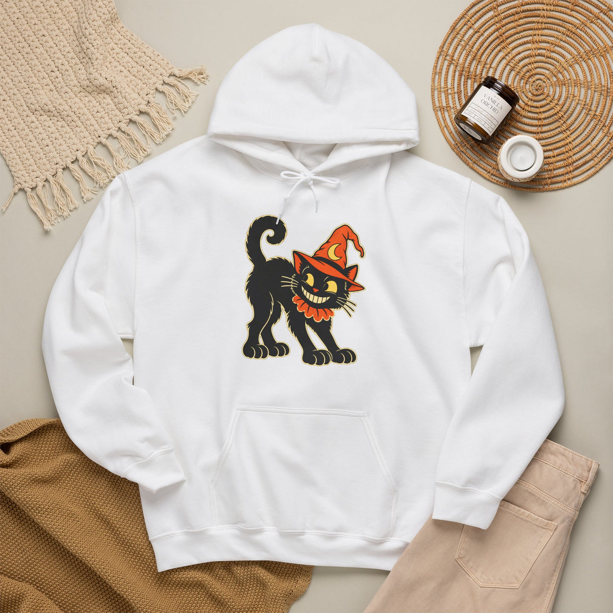 Halloween Black Cat Hoodie – Vintage Witch Hat Cat Pullover