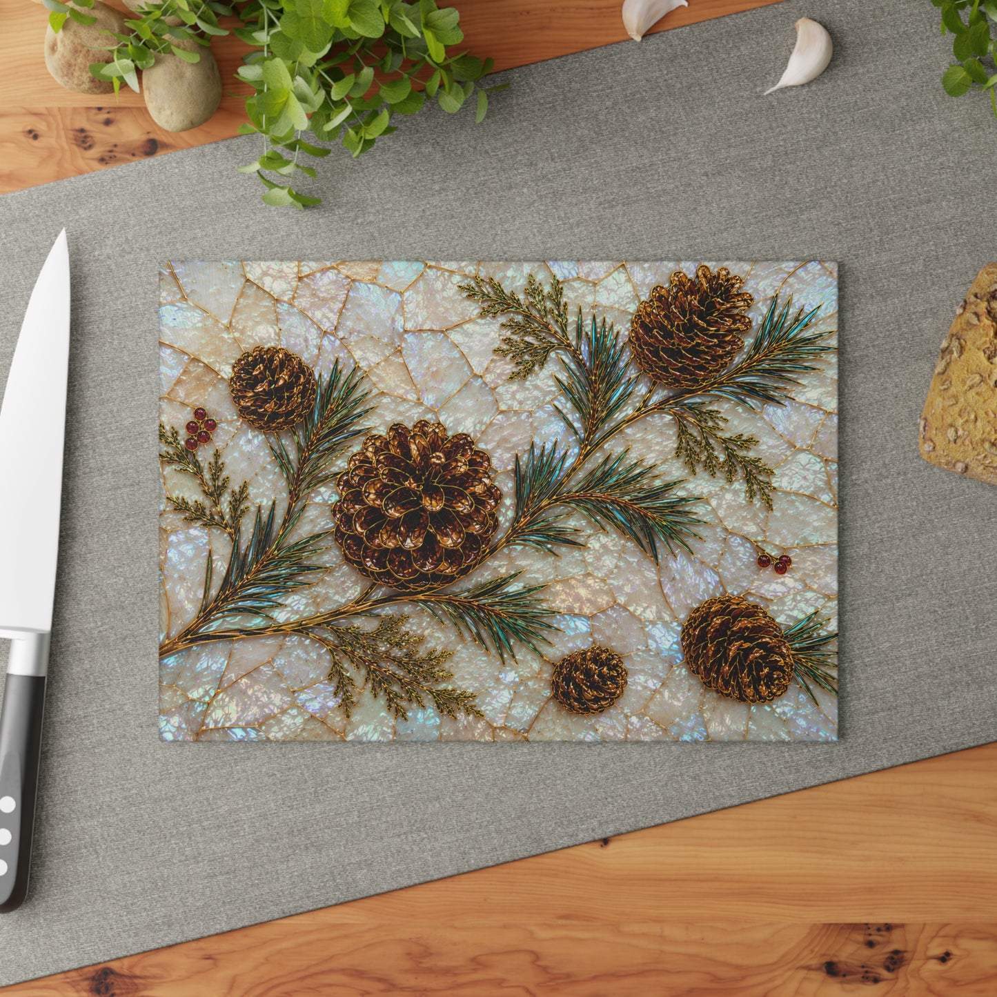 Pinecones and Evergreens Glass Cutting Board | Rustic Holiday Kitchen Decor