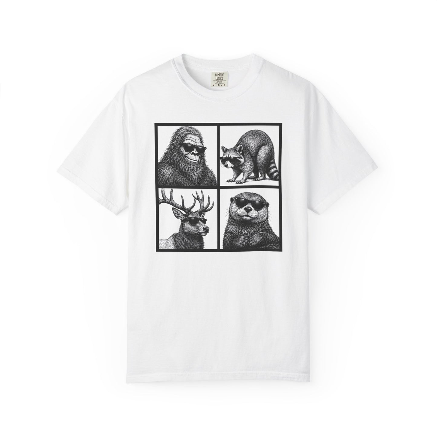 Wildlife Portrait Grid T‑Shirt — Bigfoot, Raccoon, Deer & Otter Illustration