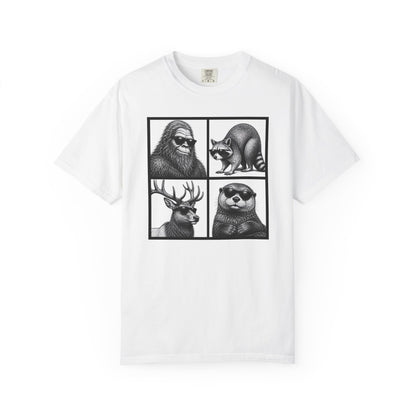 Wildlife Portrait Grid T‑Shirt — Bigfoot, Raccoon, Deer & Otter Illustration