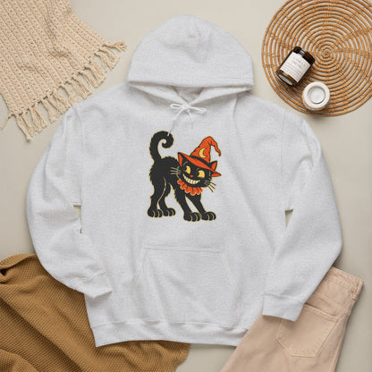 Halloween Black Cat Hoodie – Vintage Witch Hat Cat Pullover