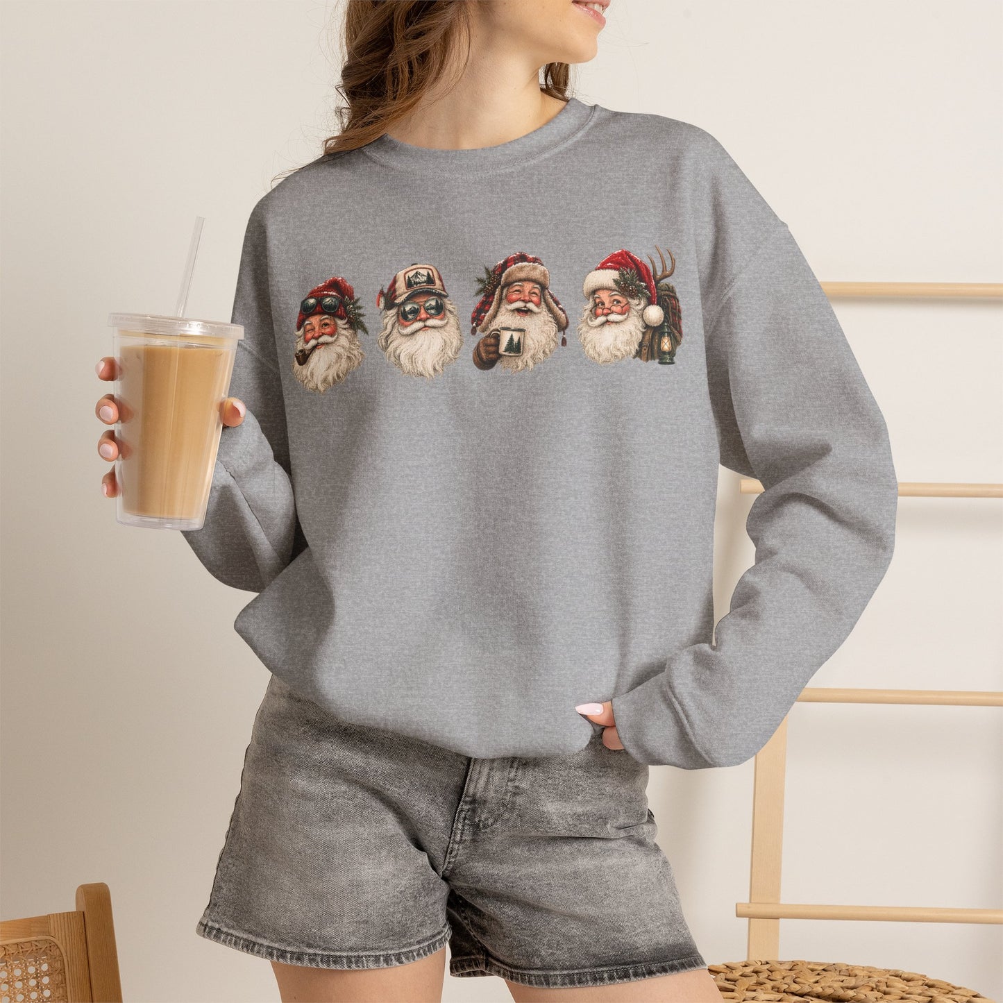 Santa Heads Crewneck Sweatshirt — Vintage Santa Faces Christmas Pullover