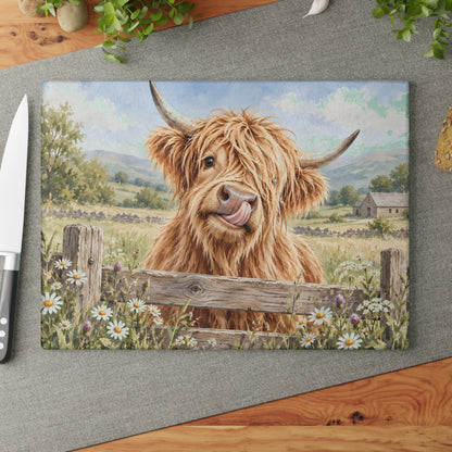 Glass Cutting Board - Cute Highland Cow Kitchen Glass Chopping Board, Whimsical Farmhouse Decor Gift