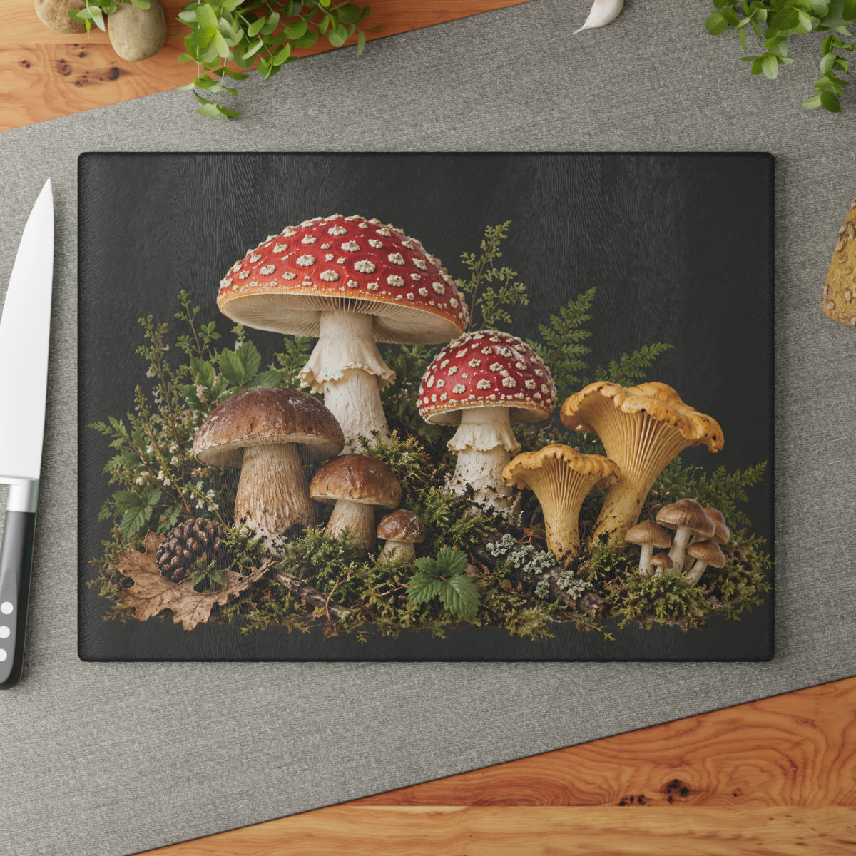 Mushroom Forest Glass Cutting Board – Rustic Kitchen Decor