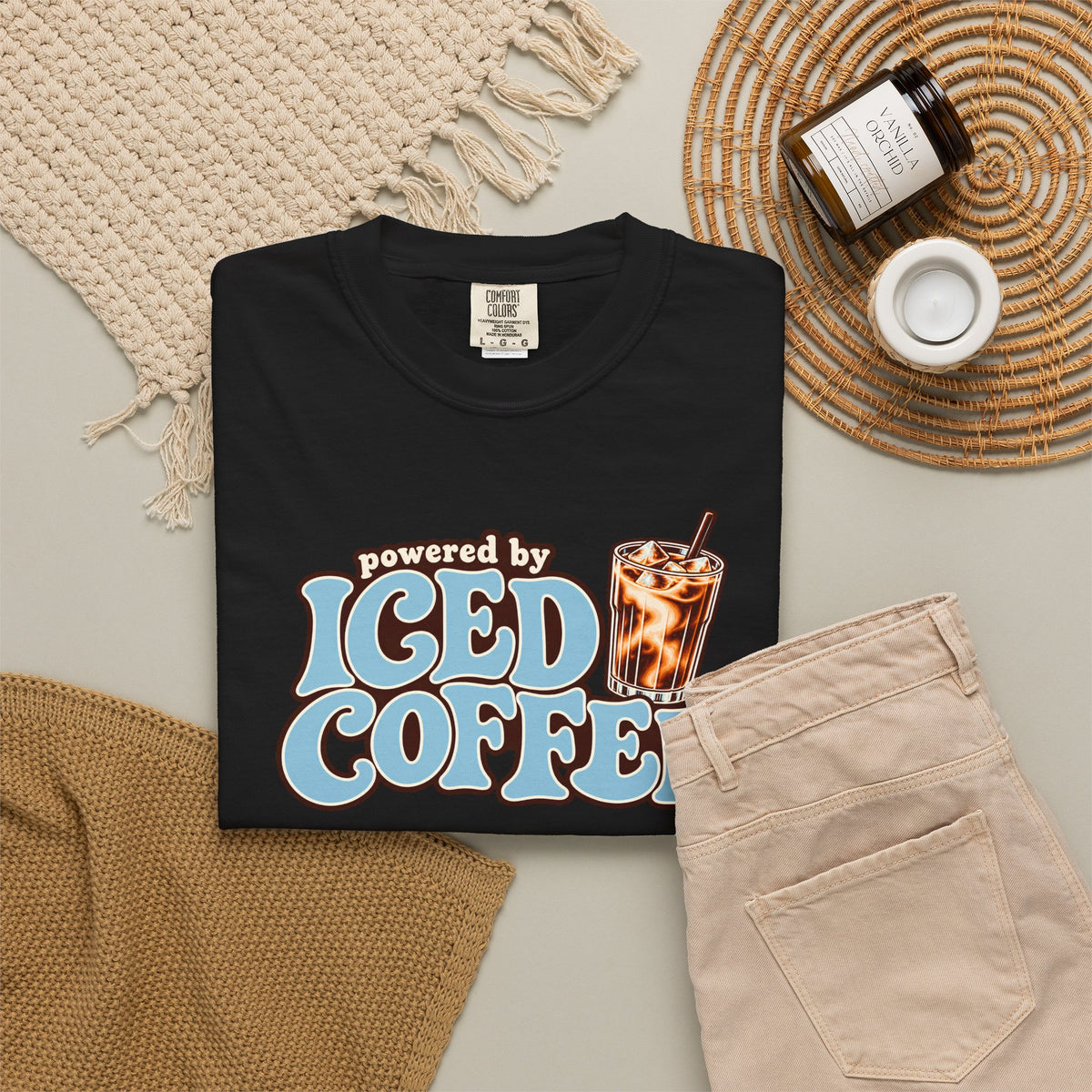 Iced Coffee Graphic T-Shirt — "Powered by Iced Coffee" Retro Coffee Tee