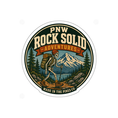 PNW Rock Solid Adventures Hiking Skeleton Sticker | Mountain Badge Die-Cut