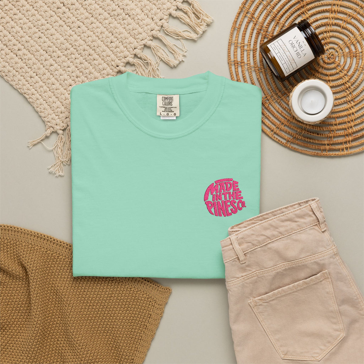 Made in the Pines Co. Embroidered Comfort Colors 1717 T-Shirt | Hot Pink Retro Logo Tee | Garment-Dyed Unisex Shirt