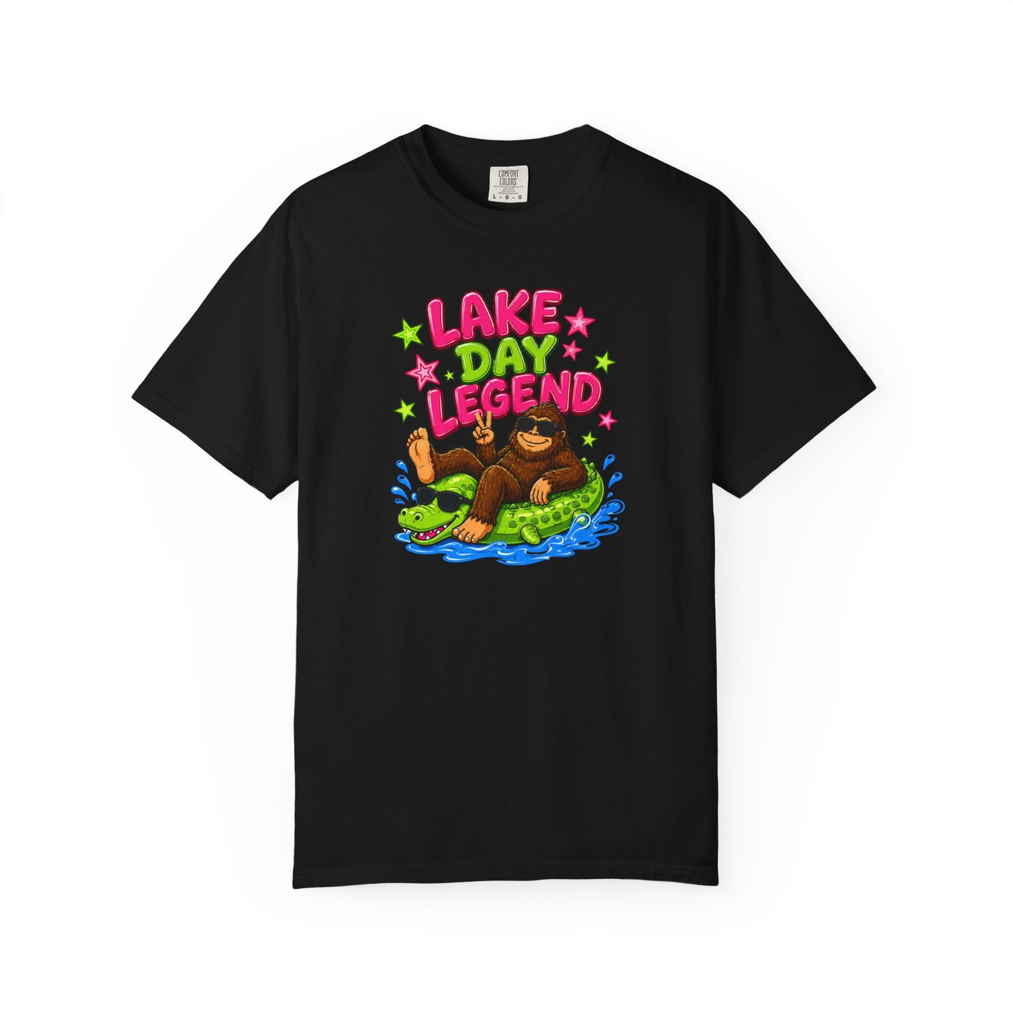 Lake Day Legend Bigfoot on Alligator Floatie T-Shirt