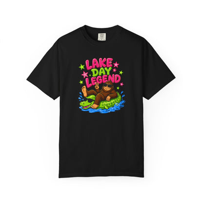Lake Day Legend Bigfoot on Alligator Floatie T-Shirt