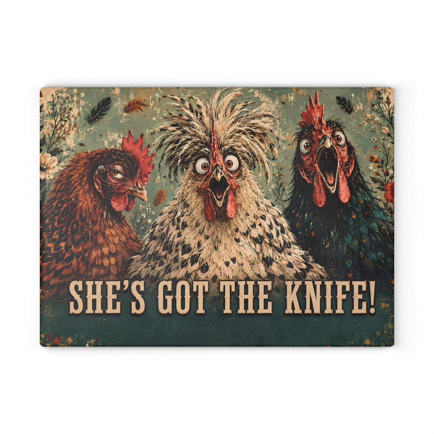 Glass Cutting Board — Funny Rooster Kitchen Decor “She’s Got The Knife!”