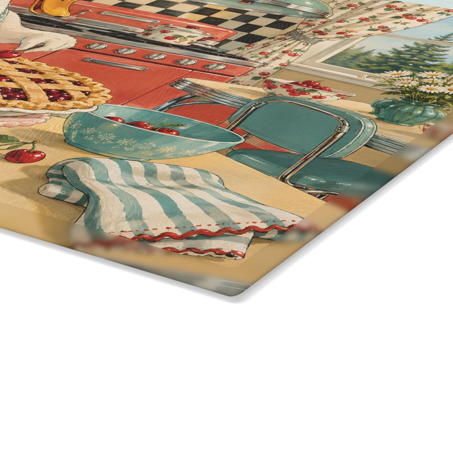 Retro Kitchen Glass Cutting Board — Vintage Goose Baking Pie Illustration