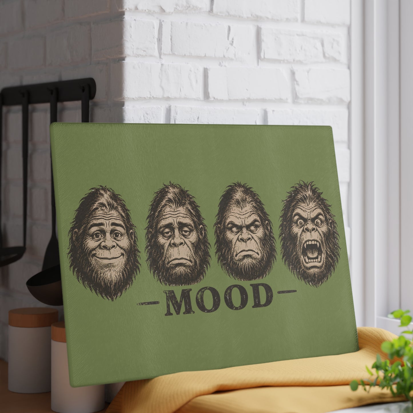 Glass Cutting Board — 'Mood' Bigfoot Sasquatch Faces Decorative Kitchen Board