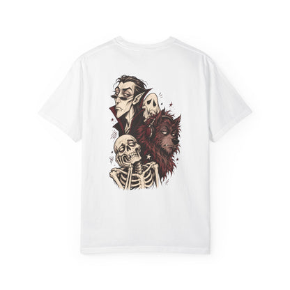 Vampire, Skeleton & Wolf Horror Characters T-Shirt | Spooky Gothic Illustration