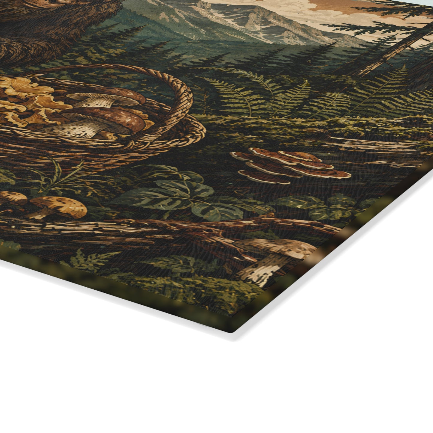 Bigfoot Mushroom Foraging Glass Cutting Board — Rustic Forest Kitchen Decor