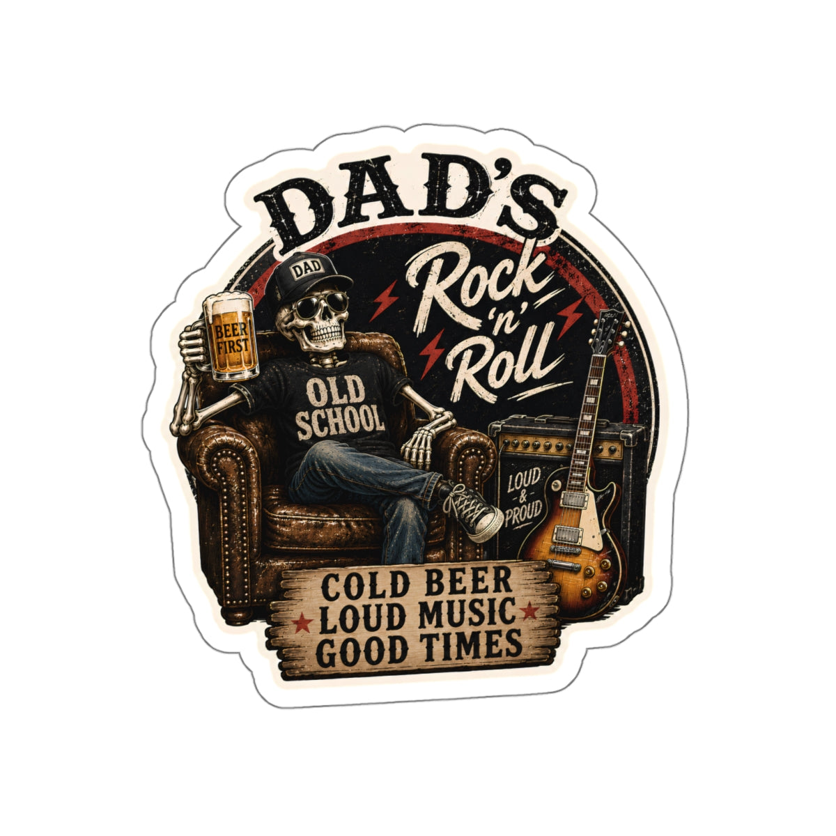 Dad's Rock 'n' Roll Skull Guitar Beer Die-Cut Sticker