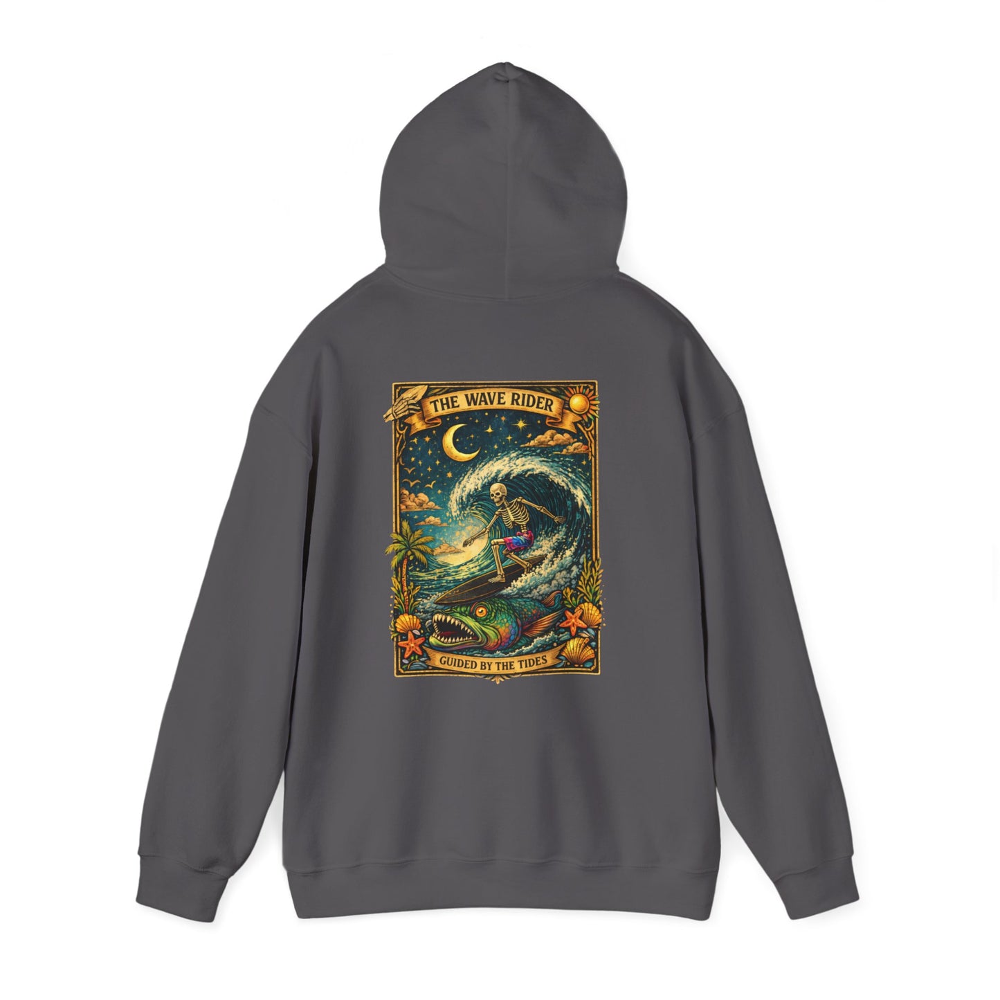 Tarot Surf Hoodie — The Wave Rider Skeleton Surfing Fish, Celestial Ocean Pullover