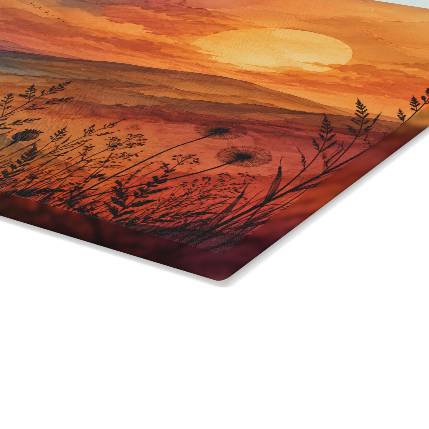 Sunset Wildflower Field Glass Cutting Board | Scenic Landscape Kitchen Decor
