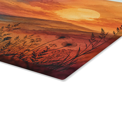 Sunset Wildflower Field Glass Cutting Board | Scenic Landscape Kitchen Decor