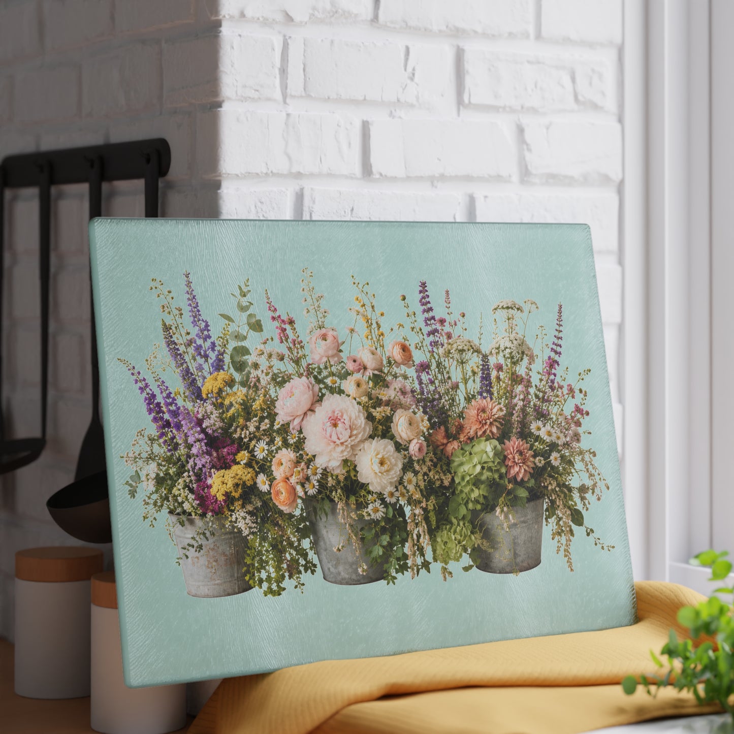 Vintage Floral Bouquet Glass Cutting Board | Wildflower Arrangement, Pastel Flowers