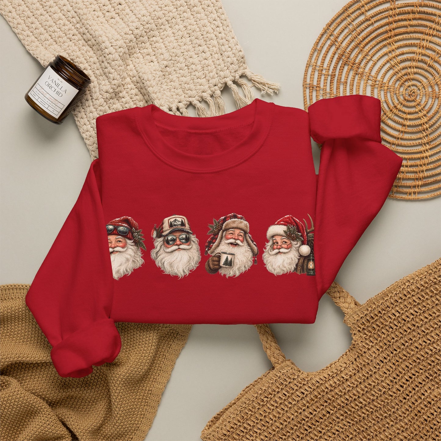 Santa Heads Crewneck Sweatshirt — Vintage Santa Faces Christmas Pullover