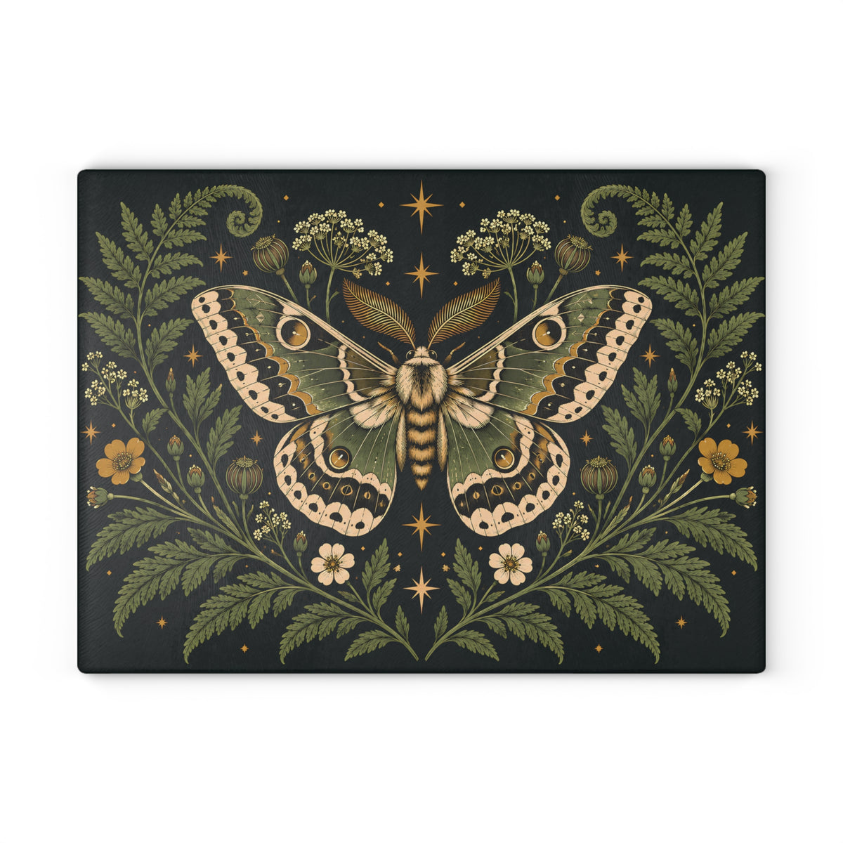 Glass Cutting Board — Vintage Moth & Fern Botanical Design