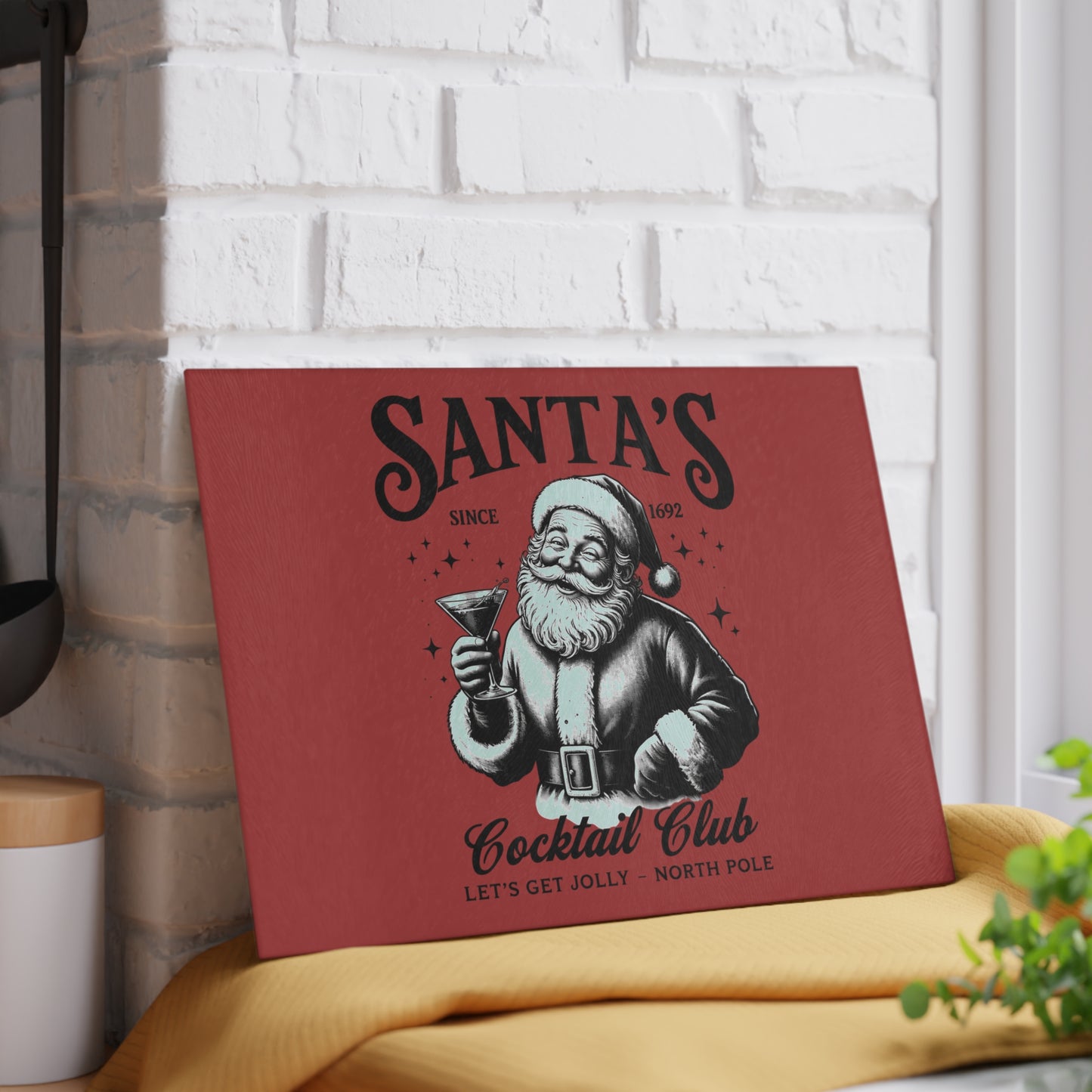Santa’s Cocktail Club Glass Cutting Board — Festive Christmas Kitchen Decor