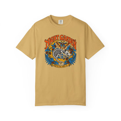 Night Garden T-Shirt, Opossum Skeleton with Moth & Moon, Gothic Botanical Graphic Tee