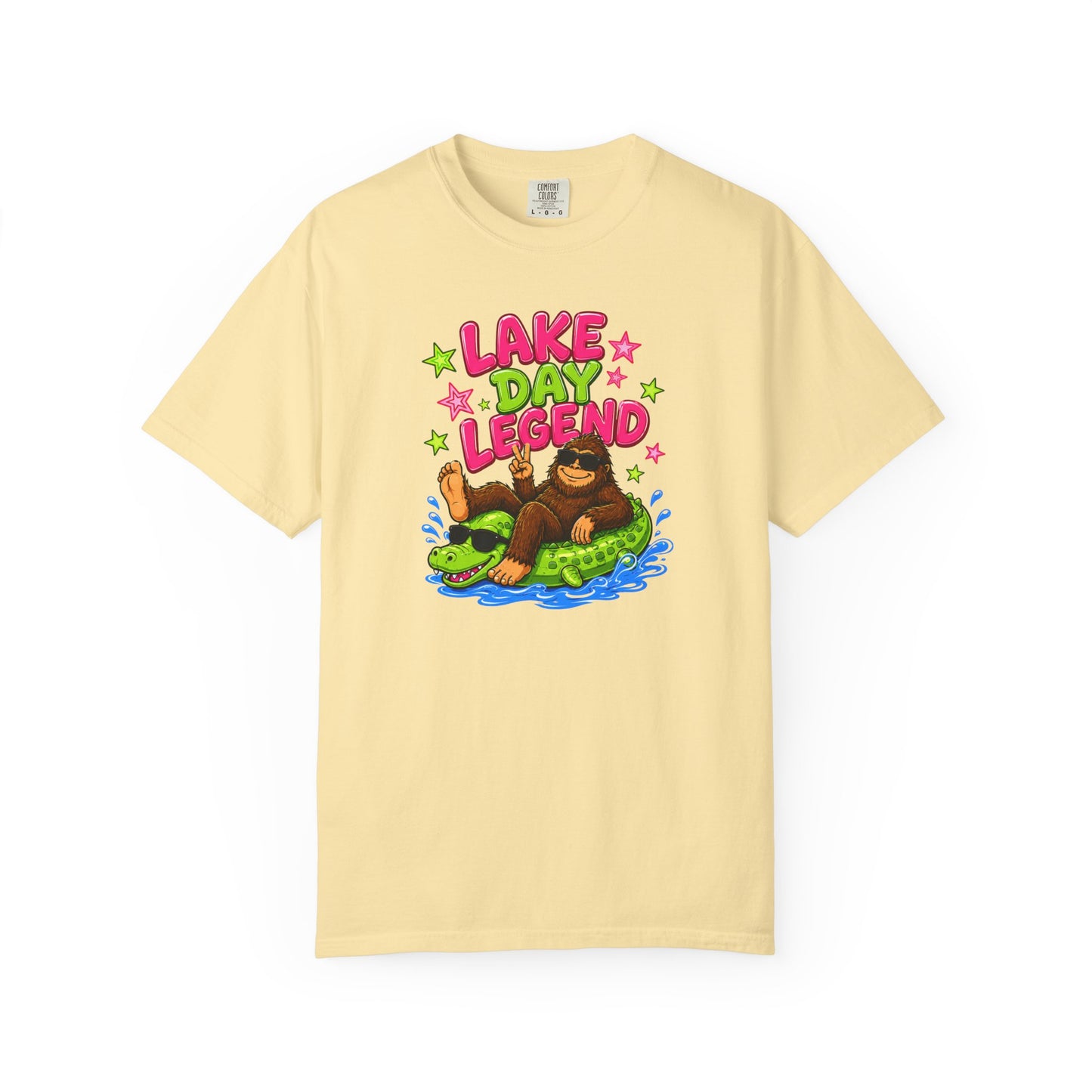Lake Day Legend Bigfoot on Alligator Floatie T-Shirt
