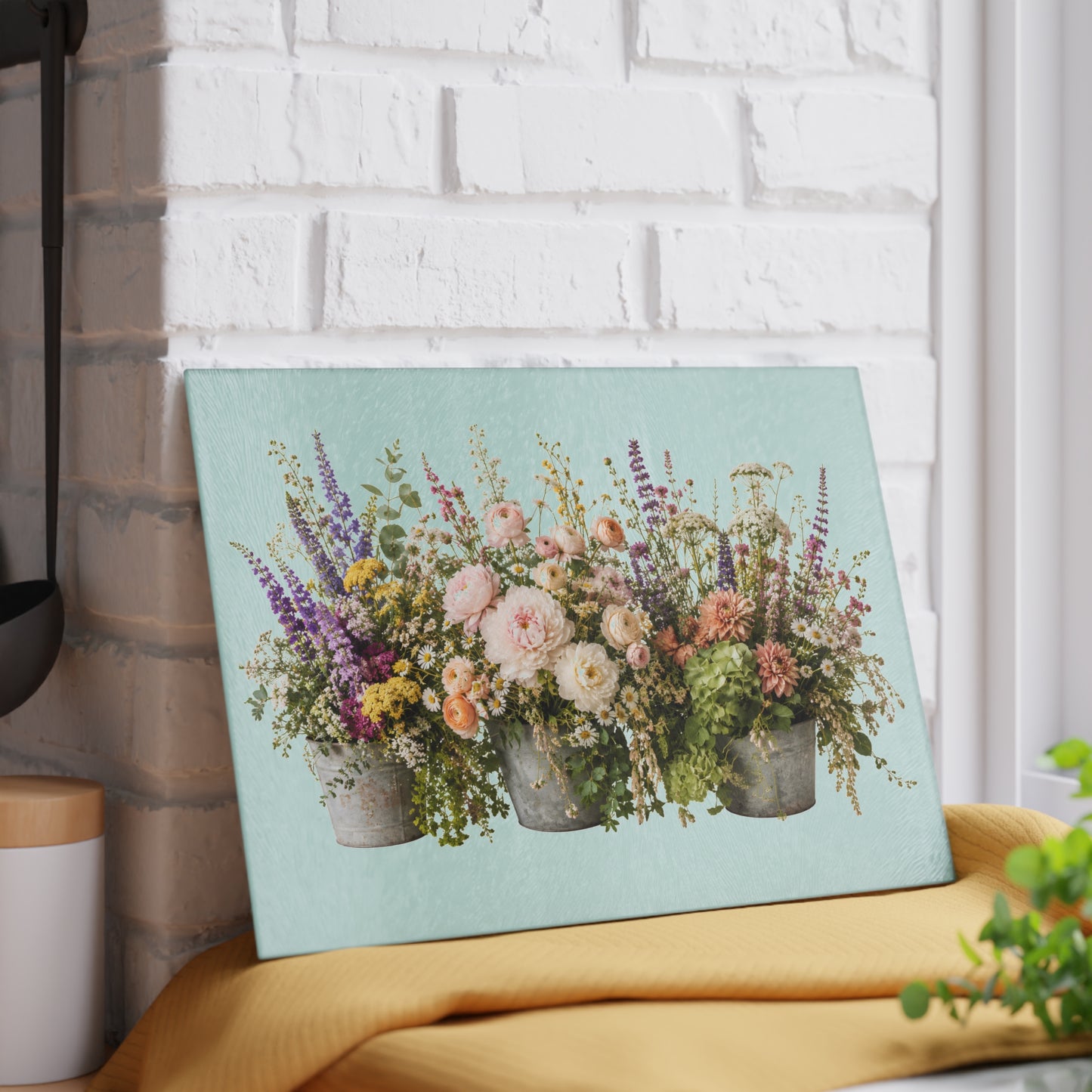 Vintage Floral Bouquet Glass Cutting Board | Wildflower Arrangement, Pastel Flowers