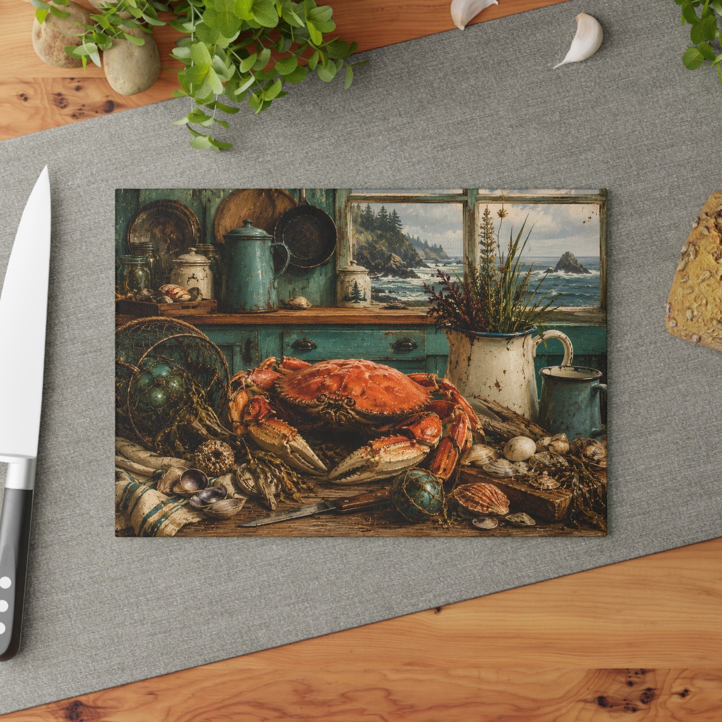 Coastal Crab Kitchen Glass Cutting Board – Nautical Seafood Coastal Décor