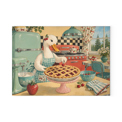 Retro Kitchen Glass Cutting Board — Vintage Goose Baking Pie Illustration