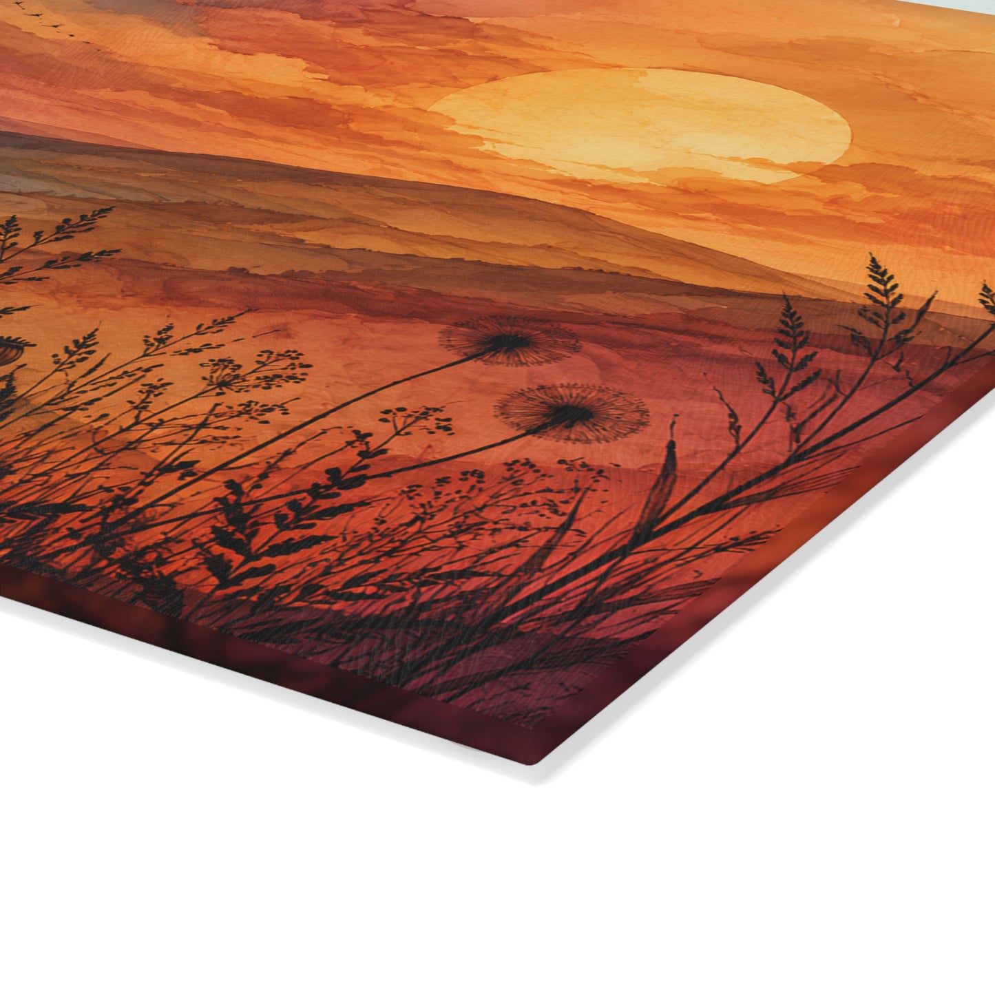 Sunset Wildflower Field Glass Cutting Board | Scenic Landscape Kitchen Decor