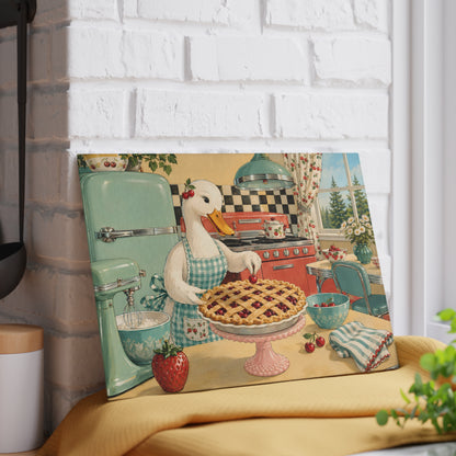 Retro Kitchen Glass Cutting Board — Vintage Goose Baking Pie Illustration