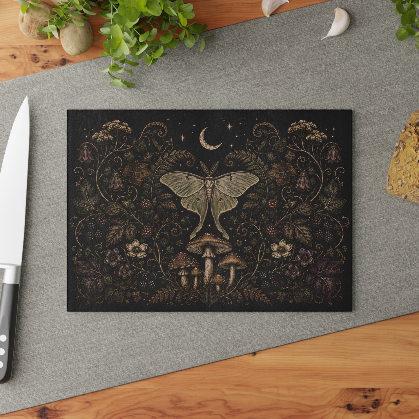 Mystic Moth & Moon Glass Cutting Board — Botanical Night Kitchen Decor