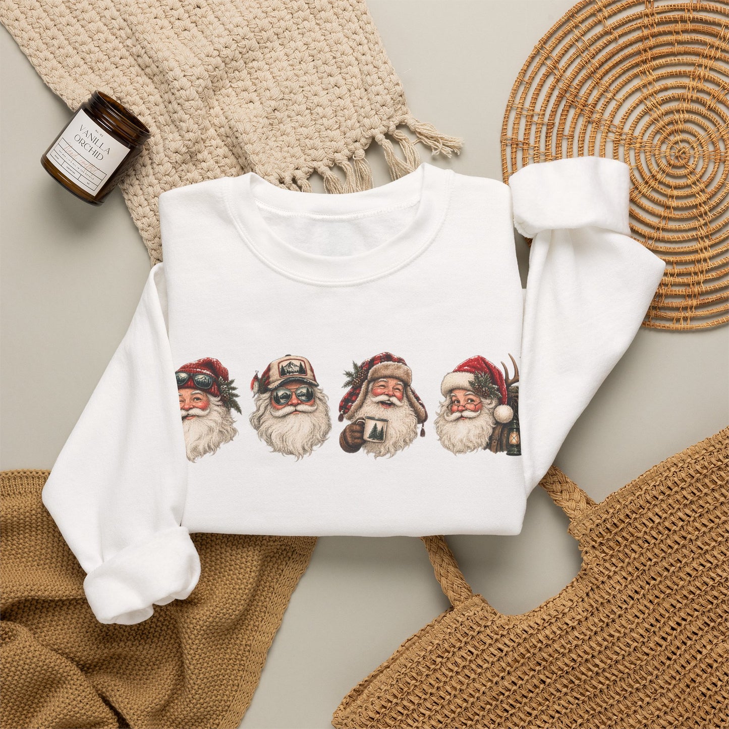 Santa Heads Crewneck Sweatshirt — Vintage Santa Faces Christmas Pullover