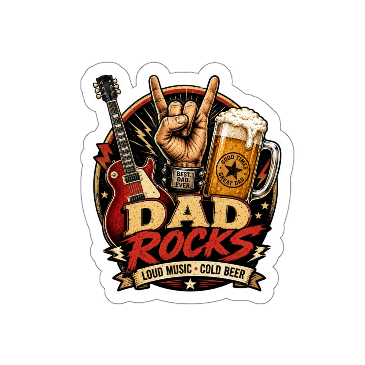 Dad Rocks Guitar Sticker | Rock Hand Sign, Beer, Loud Music