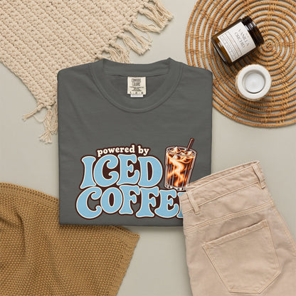 Iced Coffee Graphic T-Shirt — "Powered by Iced Coffee" Retro Coffee Tee