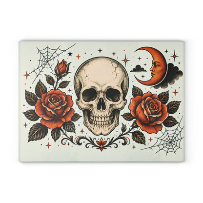 Skull & Roses Glass Cutting Board — Gothic Moon Kitchen Decor