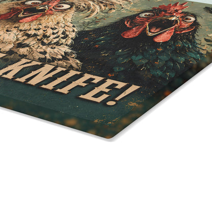 Glass Cutting Board — Funny Rooster Kitchen Decor “She’s Got The Knife!”