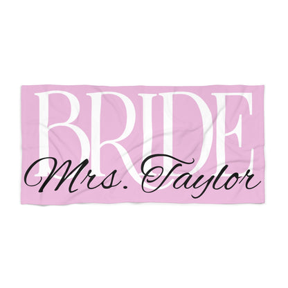 Bride Mrs. Taylor Pink Bridal Beach Towel — Personalized Bachelorette & Honeymoon Towel