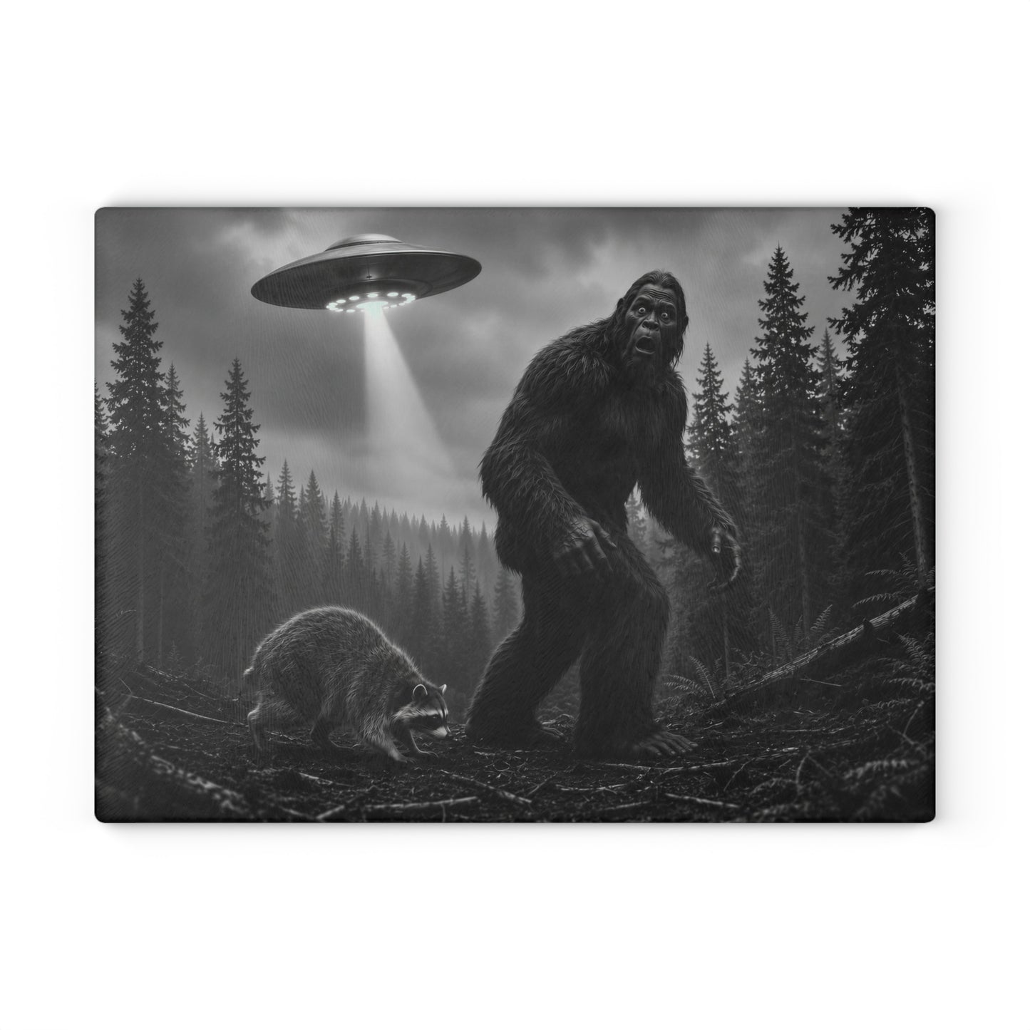 Bigfoot and UFO Forest Scene Glass Cutting Board | Sasquatch Alien Art