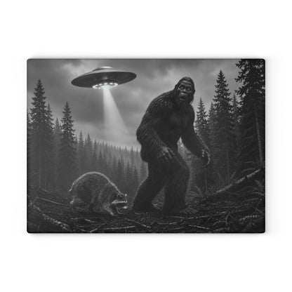 Bigfoot and UFO Forest Scene Glass Cutting Board | Sasquatch Alien Art