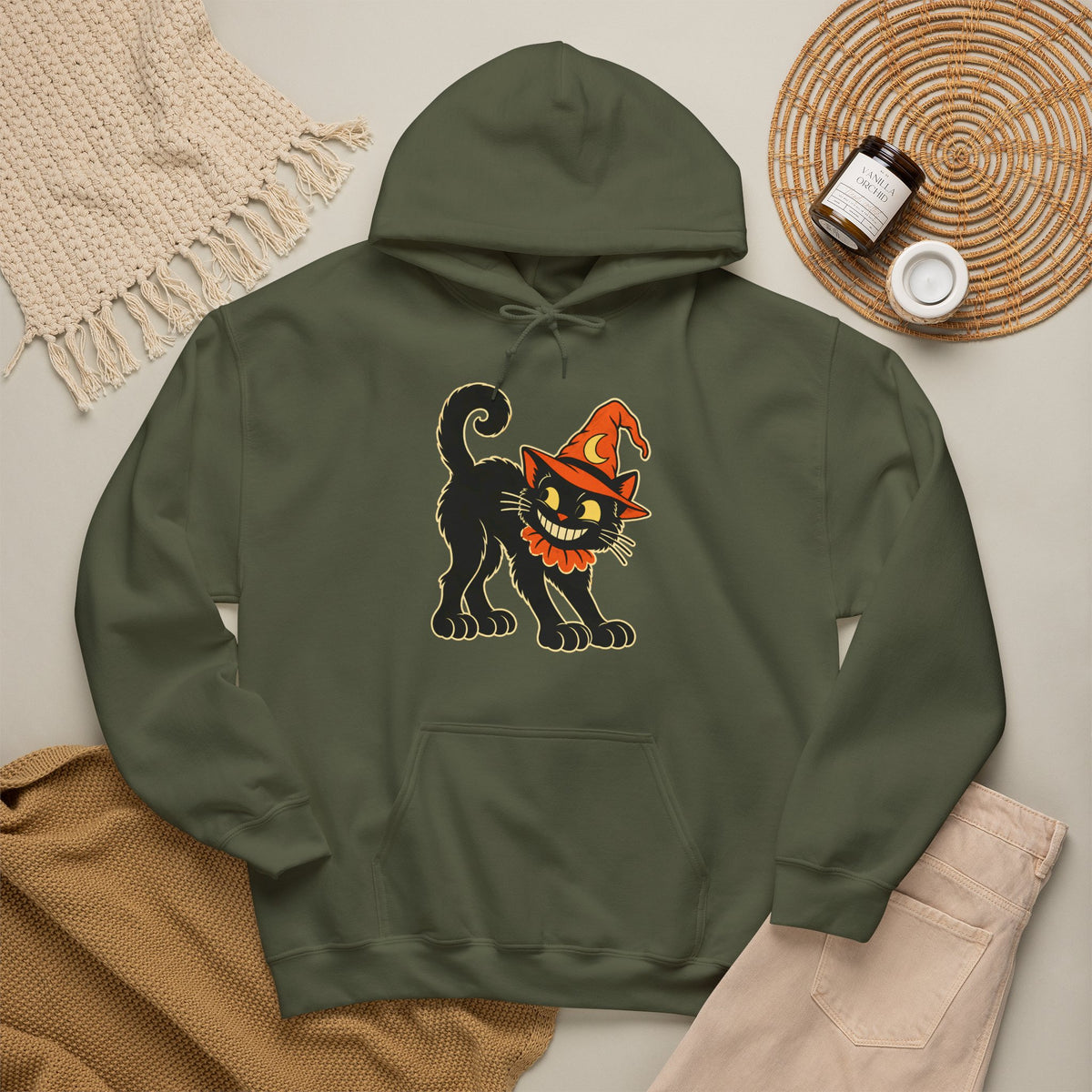 Halloween Black Cat Hoodie – Vintage Witch Hat Cat Pullover