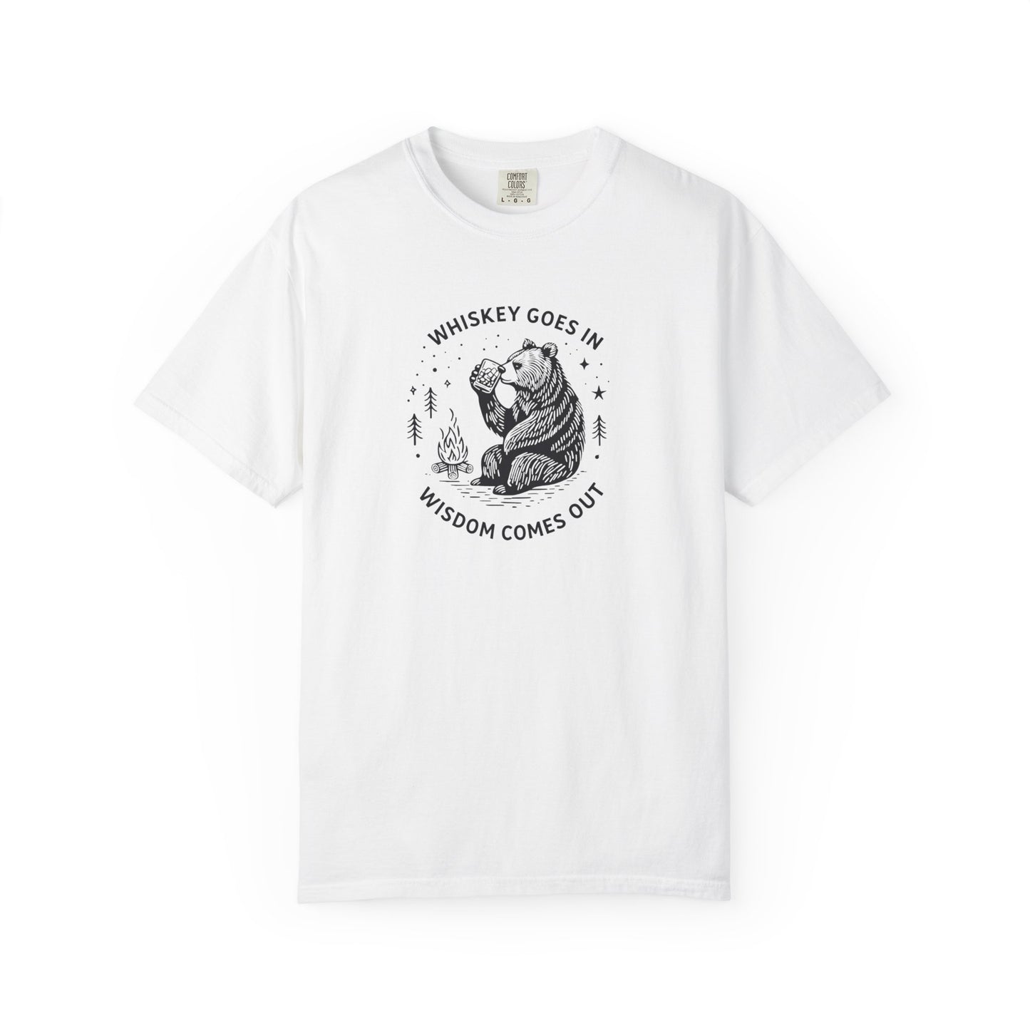 Whiskey Goes In Wisdom Comes Out Bear Illustration T-Shirt | Drinking Humor