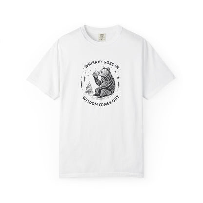Whiskey Goes In Wisdom Comes Out Bear Illustration T-Shirt | Drinking Humor