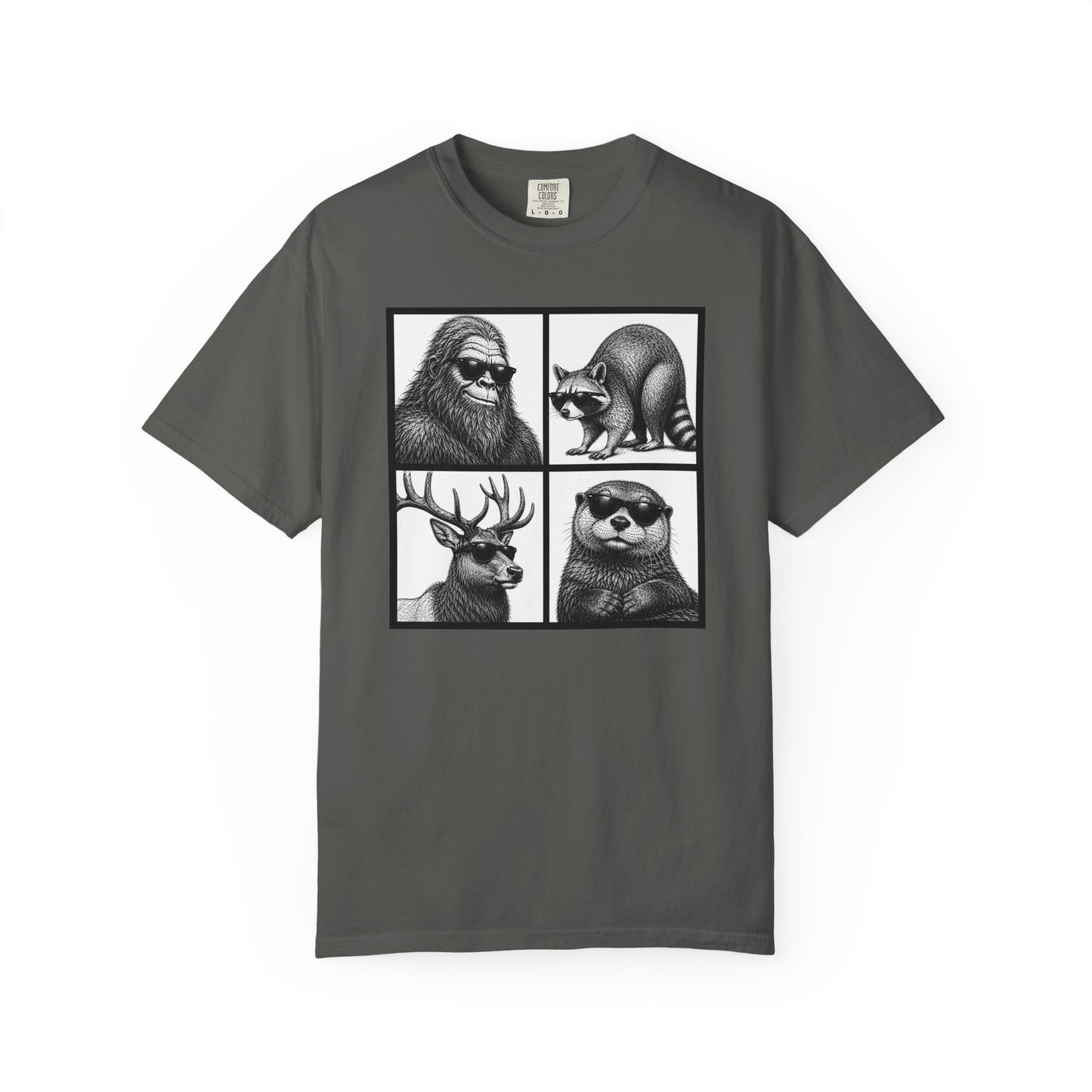 Wildlife Portrait Grid T‑Shirt — Bigfoot, Raccoon, Deer & Otter Illustration
