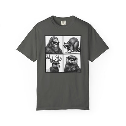 Wildlife Portrait Grid T‑Shirt — Bigfoot, Raccoon, Deer & Otter Illustration