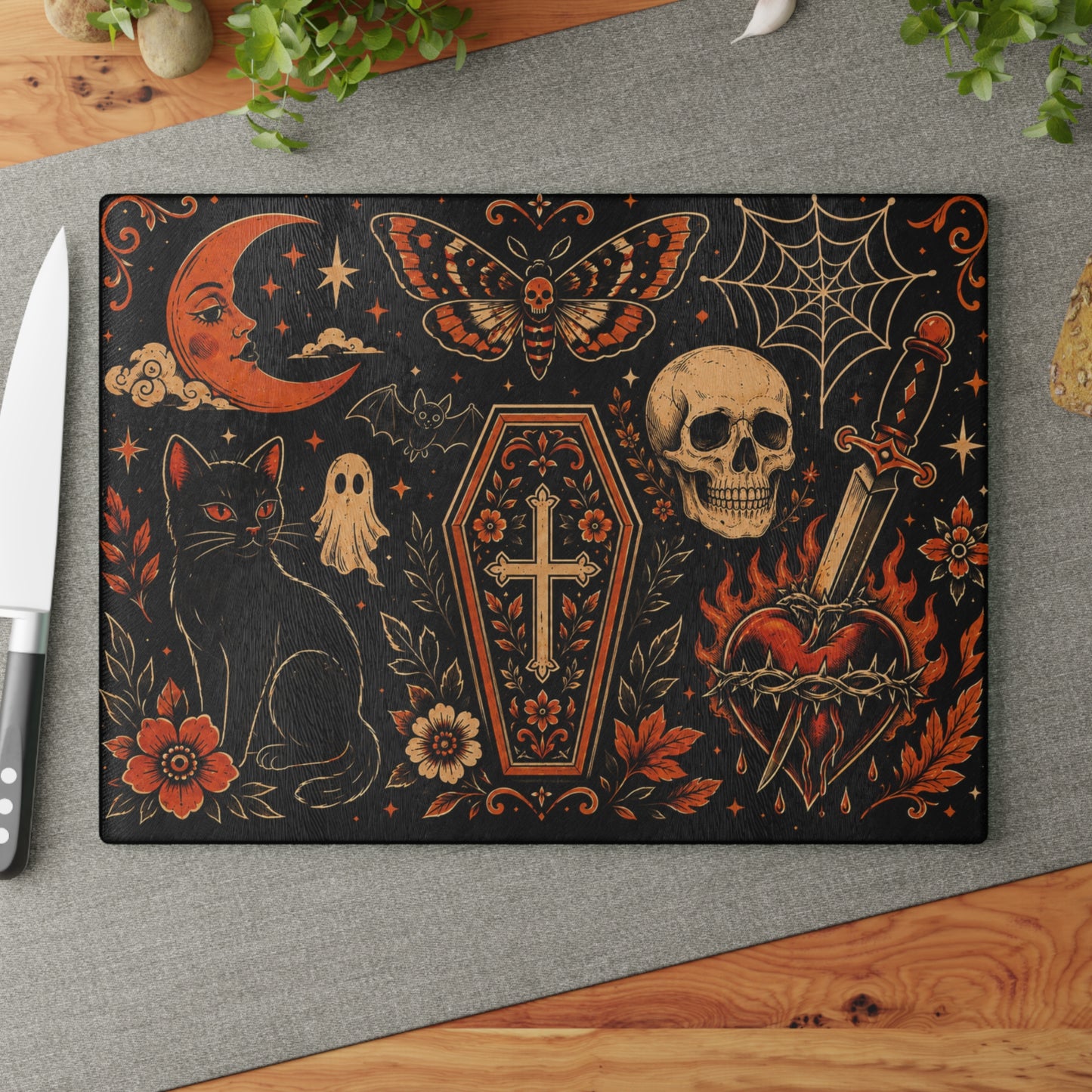 Gothic Occult Glass Cutting Board — Skull, Coffin & Black Cat Kitchen Décor